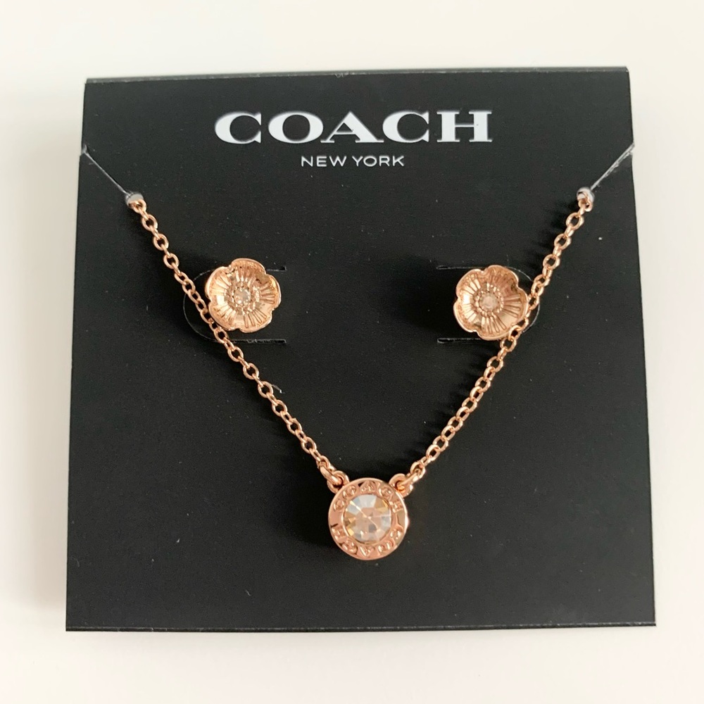 NEW Coach Open Circle Necklace and Tea Rose Stud Set